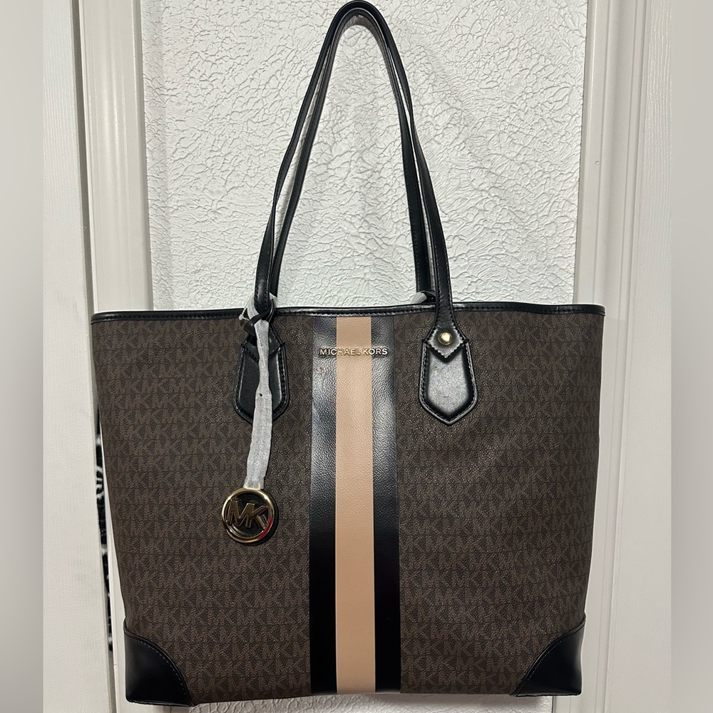 Michael Kors “Eva” Large Logo Stripe Tote in “Black/Camel”